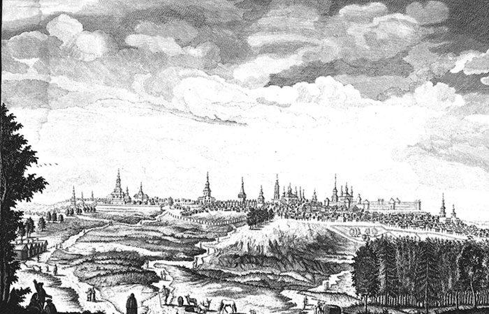 Вид города Симбирска с приезда к северо-западу.Гравюра М.И. Махаева по рисункам А.И. Свечина. 1769 г.